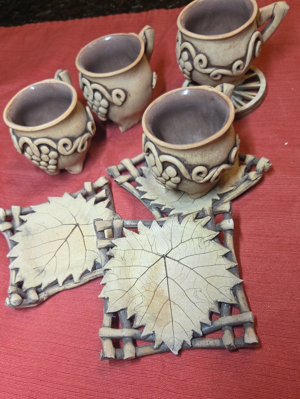 Handcrafted Beige Ceramic Espresso Cup Set with Leaf Coasters Decor